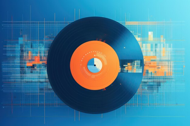 An orange and blue poster with a record in the middle