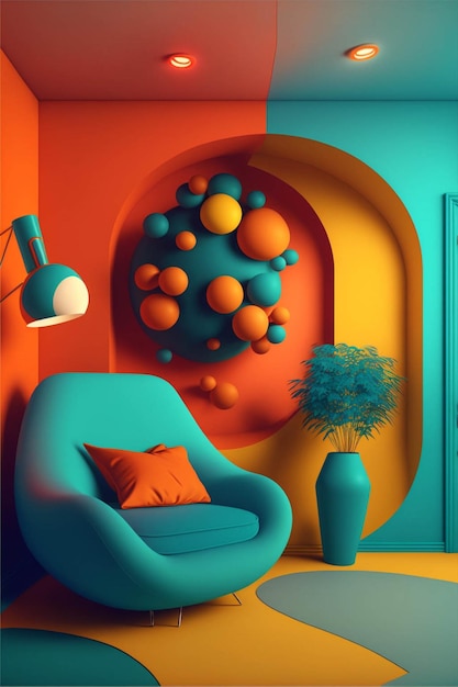 An orange and blue room with a blue chair generative ai