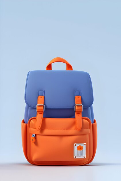 Photo orange and blue schoolbag on blue background vertical mockup copy space