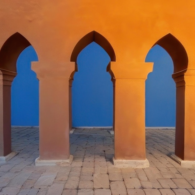 Orange and blue wall with arches and a blue wall.