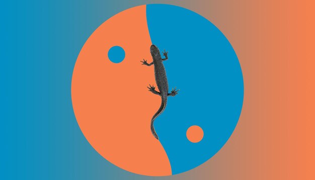 Фото Оранжево-синий знак инь-ян с ящерицей. бесконечность времени.