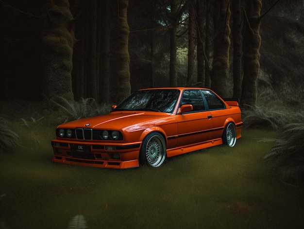 An orange bmw e30 m3 is in a forest.