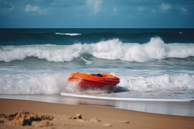 An orange boat is in the water on the beach generative AI