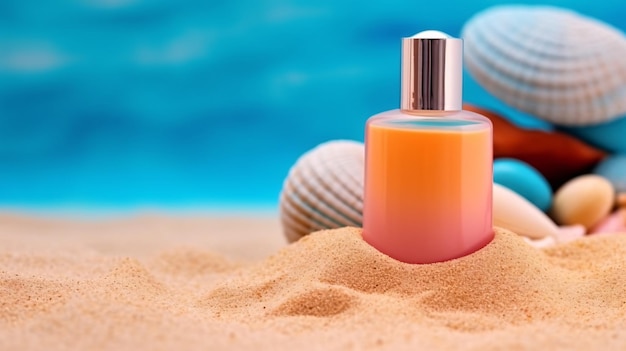 Orange bottle of perfume on the beach