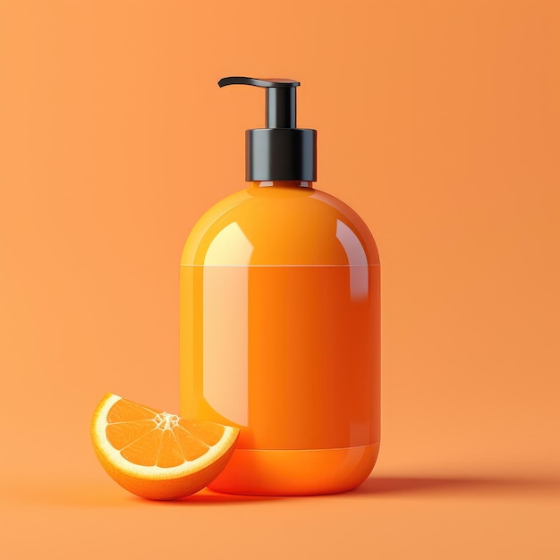 Photo an orange bottle of soap with a pump next to an orange slice.