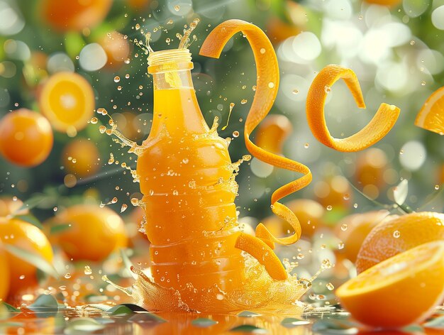 An orange bottleshaped splash with zesty peel spirals amidst fresh oranges