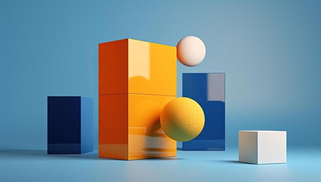 an orange box pushed off by blue and building blocks in the style of minimalism with movement