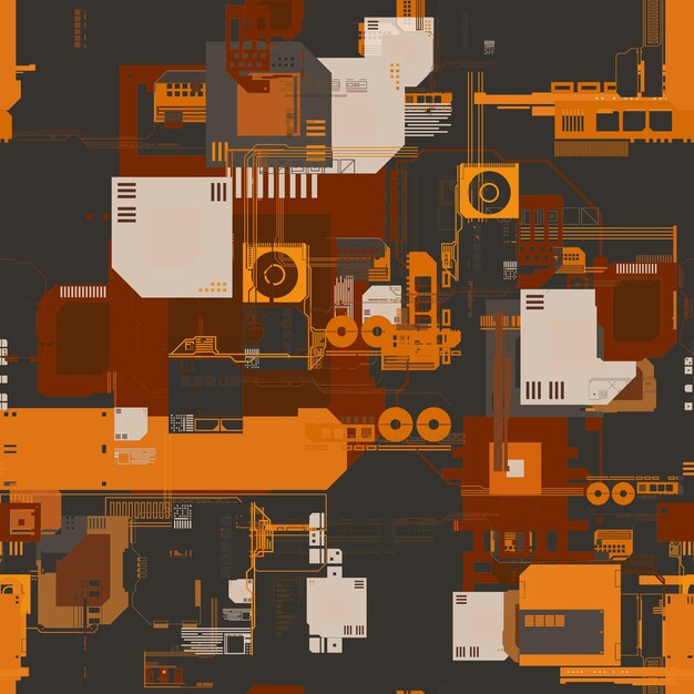 An orange and brown background with a series of different machines