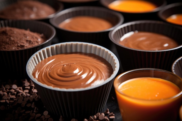 Orange and brown themed array of raw cupcake batter