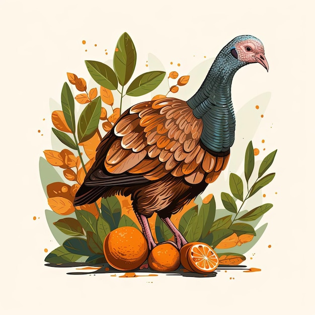 an orange and brown turkey with long leaves in the style of simple