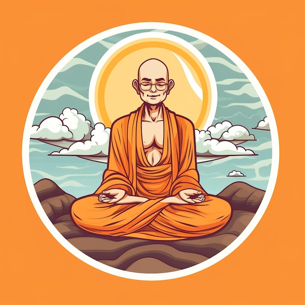 An orange buddha illustration with a man sitting in the middle of the ocean.