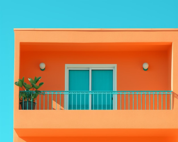 An orange building with a balcony and green plants