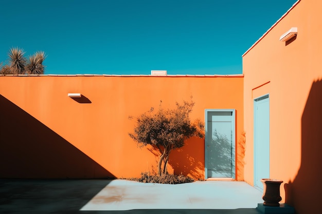 Orange building with a tree in the foreground