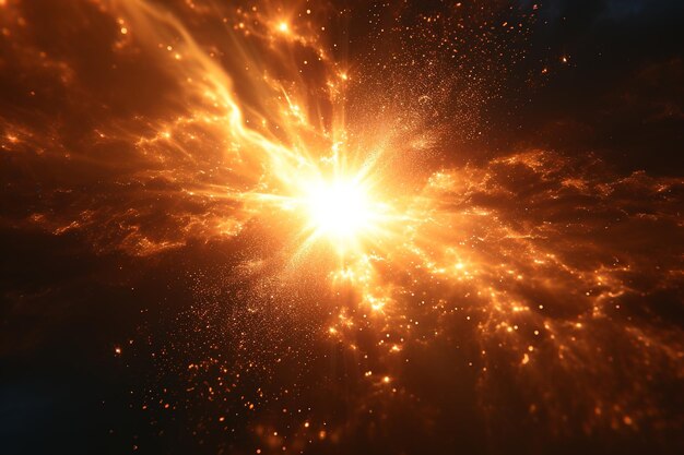 an orange burst of light over a dark background in the style of light white and dark gold octane