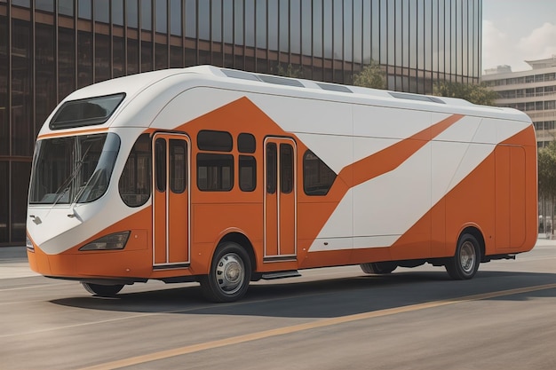 都市の道路に乗っているオレンジ色のバス