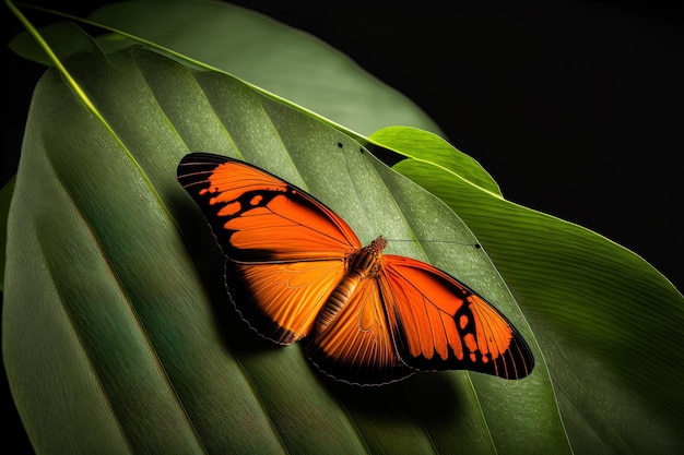 Оранжевая бабочка на листе, вид сзади