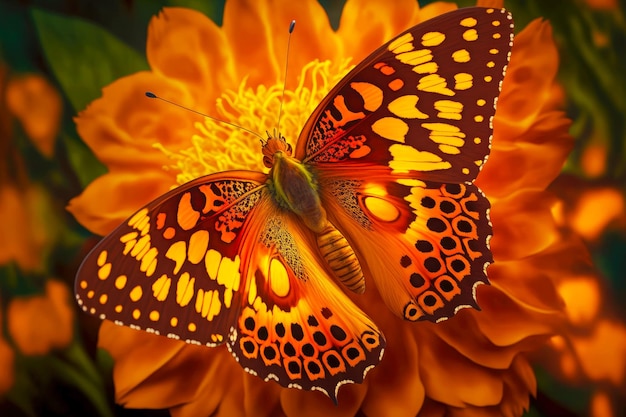 写真 庭のオレンジ色の花に黄色の斑点のあるオレンジ色の蝶