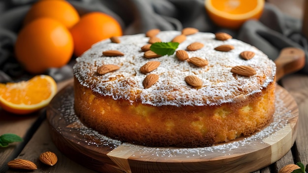 Orange cake with almonds on white surface Ai generated