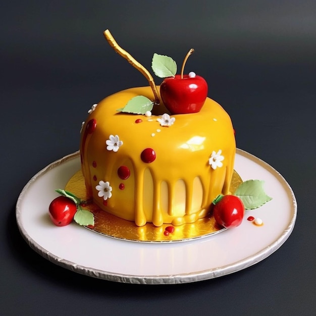 Orange cake with cherry on a white plate on a black background