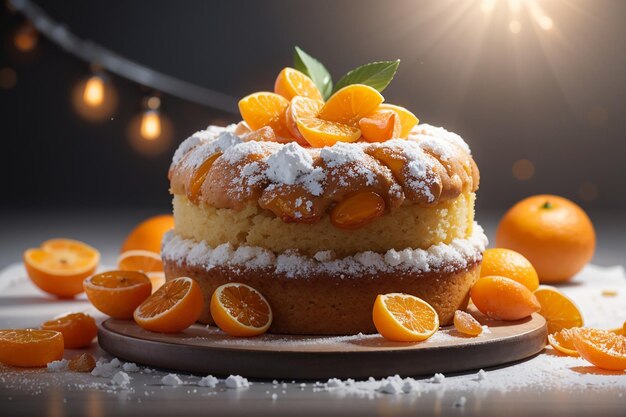 Photo orange cake with dried apricots and powdered sugar