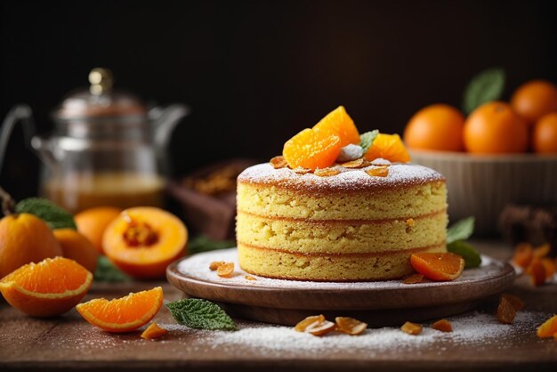 Photo orange cake with dried apricots and powdered sugar