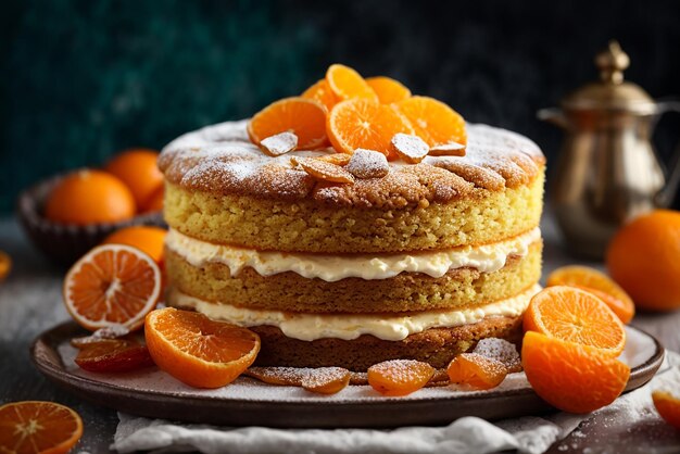 Orange cake with dried apricots and powdered sugar