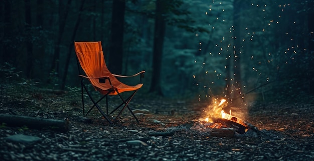 an orange camping chair is in front of a fire pit