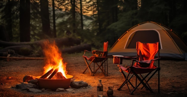 Orange camping chair and an orange campfire at the camp