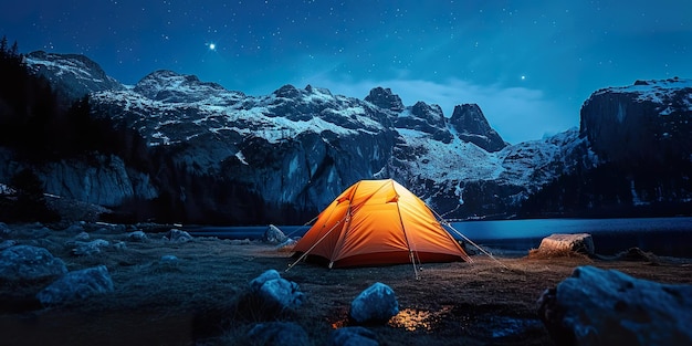 Orange camping tent in the mountain at night