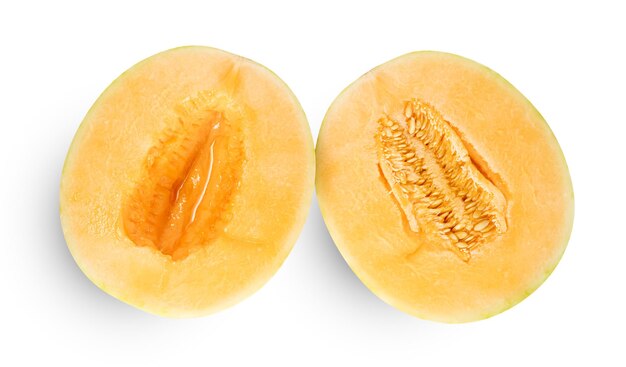 Photo orange cantaloupe melon fruit sliced isolated on white background include clipping path