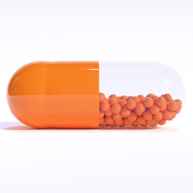 Orange Capsule Full of Granules On White Background