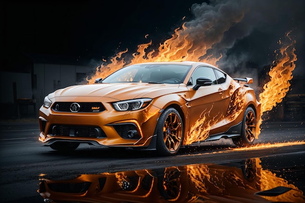 Orange car on fire