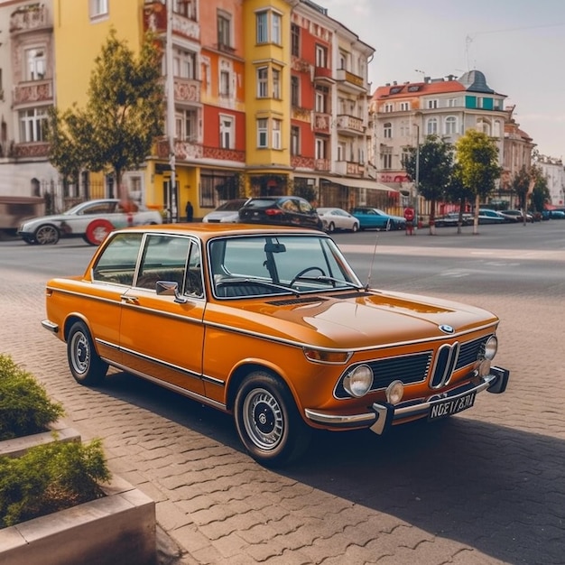 An orange car parked on the side of a road next to a building generative ai