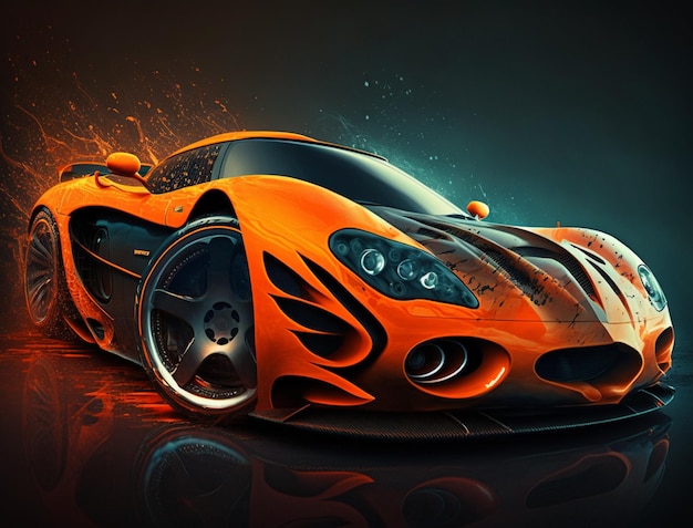 An orange car with a black background and the word speed on the front.