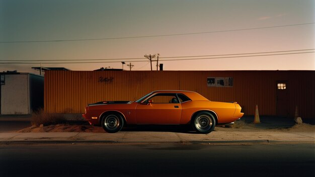 A orange car with a black stripe is parked in front of a building