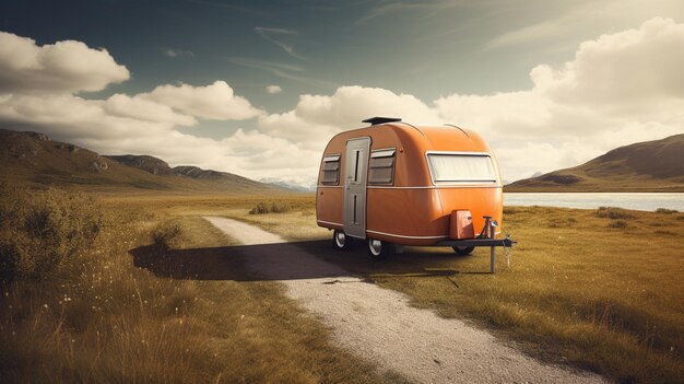 An orange caravan is parked on a road in a field.