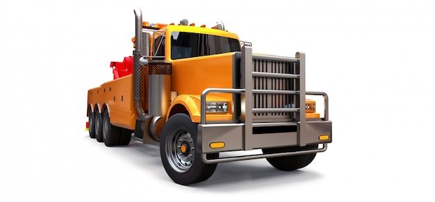 Orange cargo tow truck to transport other big trucks or various heavy machinery. 3d rendering.