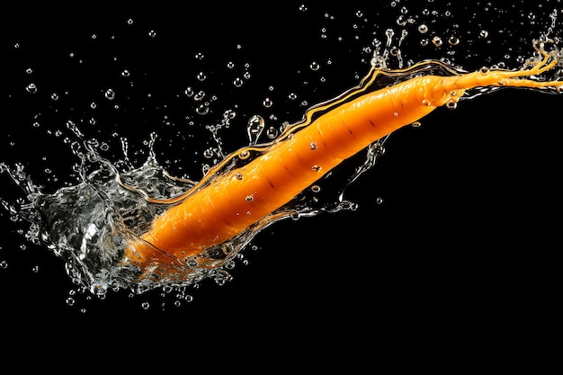 An orange carrot falling in water splash against black background