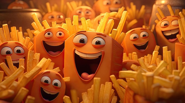 orange cartoons are gathered in piles of fries in the style of playful characte