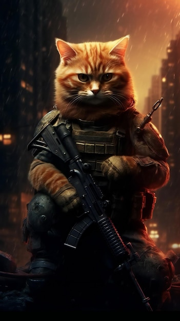 オレンジ色の猫のリーダーは、暗い街で武器を使用する兵士になります