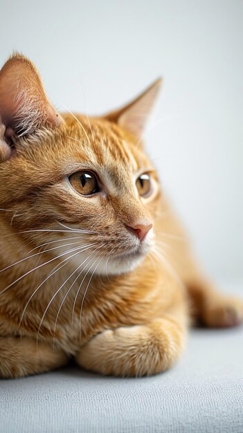 Orange cat lying gaze fixed on copy space white background Vertical Mobile Wallpaper