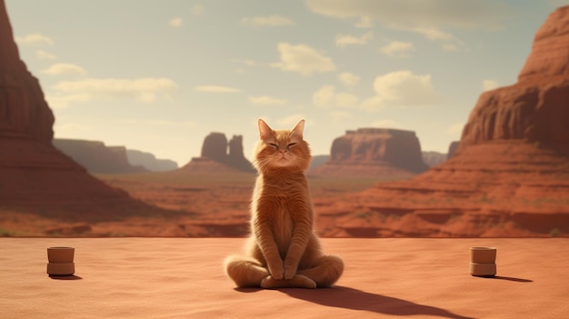 An orange cat in meditation in the style of photorealistic rendering mountainous vistas joyful
