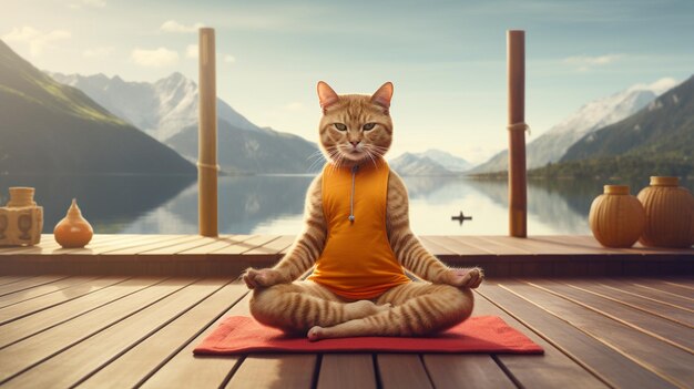 Photo an orange cat in meditation in the style of photorealistic rendering mountainous vistas joyful