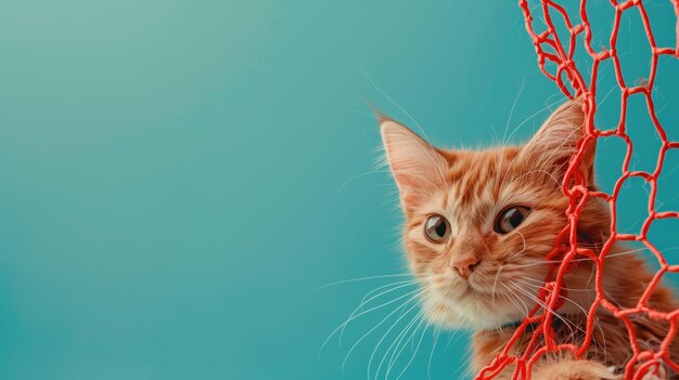 Orange cat peeking through red net against blue background