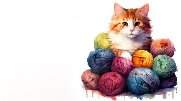 Orange cat sitting among colorful yarn balls