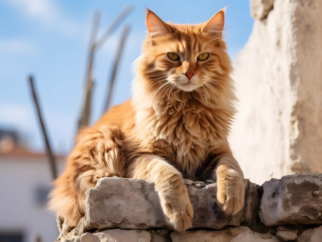 Foto un gatto arancione seduto su un muro