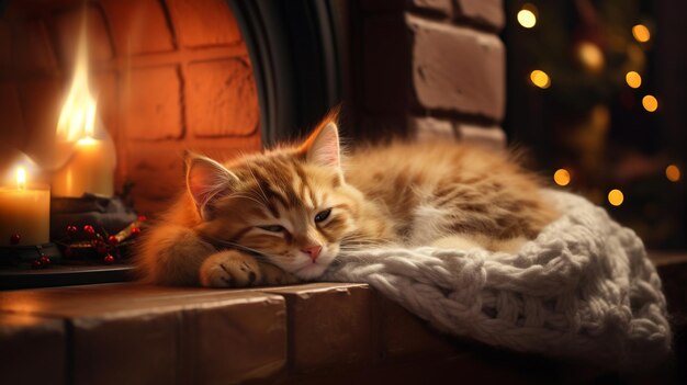 Orange cat sleeping next to a fireplace