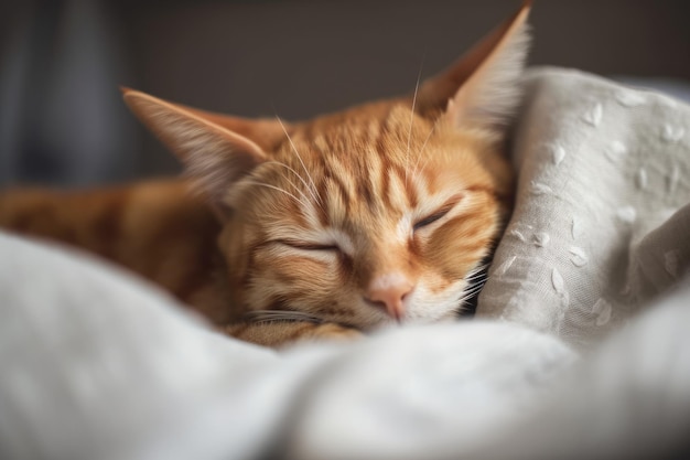 An orange cat snoozes on a bed