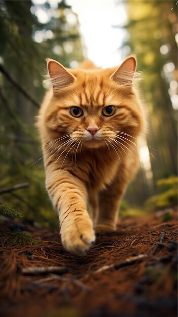 オレンジ色の猫が森を歩いている