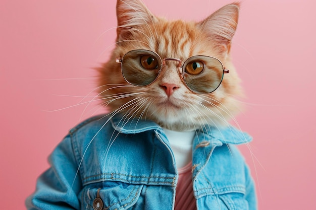 Orange cat wearing blue clothes and sunglasses on pink background